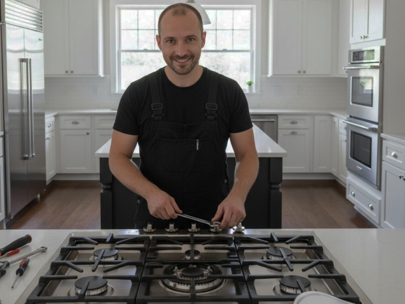 man repairs thermador cooktop