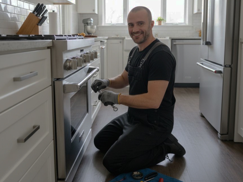 service technician fixes kitchenaid range